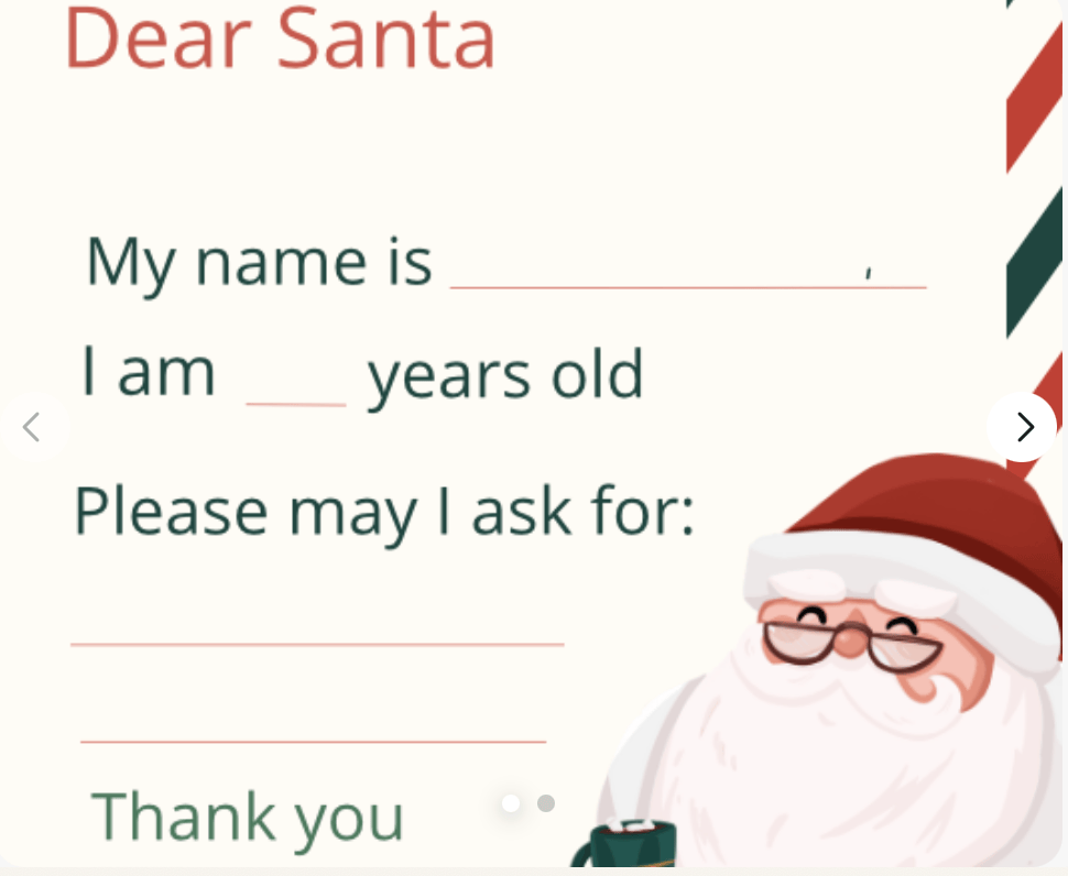 A letter template addressed to Santa Claus with spaces for a child's name, age, and wish list, featuring a cheerful Santa illustration on the right.